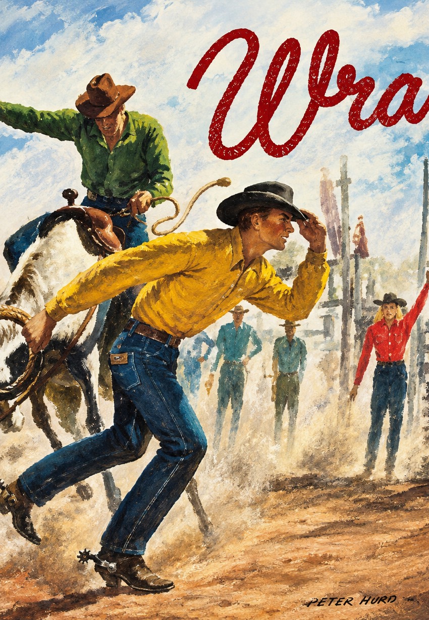 Винтажная иллюстрация ковбоев в джинсах Wrangler